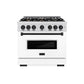 ZLINE Autograph Edition 36 in. 5.2 cu. ft. Classic Dual Fuel Range with 6 Burner Gas Cooktop and Electric Convection Oven in Satin Stainless Steel with White Matte Door and Matte Black Accents (CDRSZ-WM-36-MB) front.