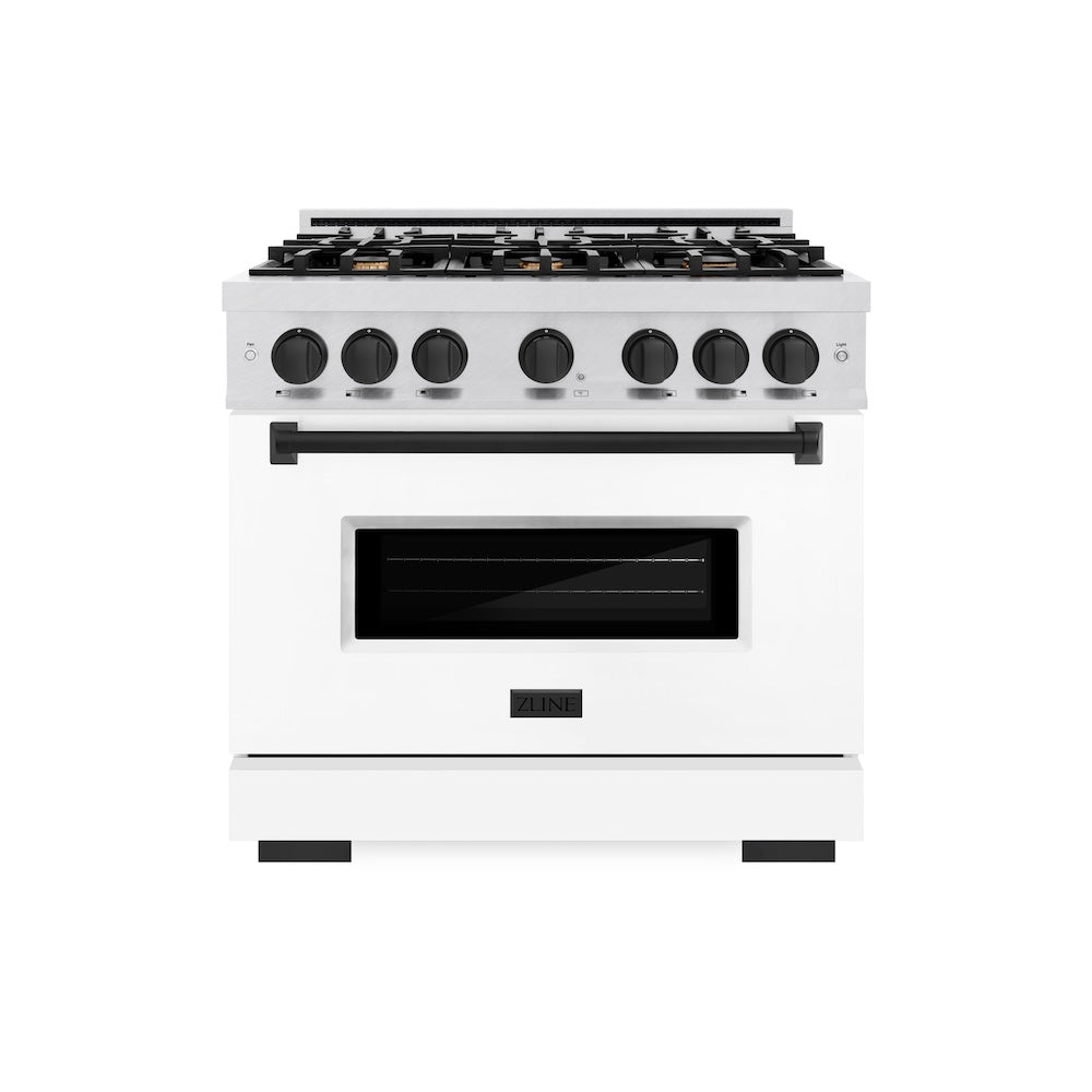 ZLINE Autograph Edition 36 in. 5.2 cu. ft. Classic Dual Fuel Range with 6 Burner Gas Cooktop and Electric Convection Oven in Satin Stainless Steel with White Matte Door and Matte Black Accents (CDRSZ-WM-36-MB) front.