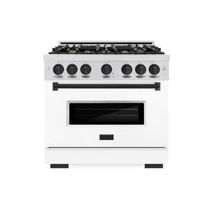 ZLINE Autograph Edition 36 in. 5.2 cu. ft. Classic Dual Fuel Range with 6 Burner Gas Cooktop and Electric Convection Oven in Satin Stainless Steel with White Matte Door and Matte Black Accents (CDRSZ-WM-36-MB) front.