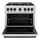 ZLINE Autograph Edition 36 in. 5.2 cu. ft. Classic Dual Fuel Range with 6 Burner Gas Cooktop and Electric Convection Oven in Satin Stainless Steel with White Matte Door and Matte Black Accents (CDRSZ-WM-36-MB) front, oven open.