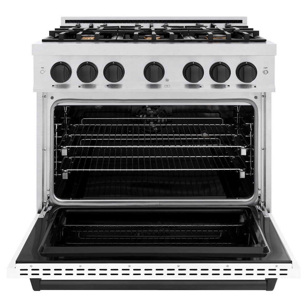 ZLINE Autograph Edition 36 in. 5.2 cu. ft. Classic Dual Fuel Range with 6 Burner Gas Cooktop and Electric Convection Oven in Satin Stainless Steel with White Matte Door and Matte Black Accents (CDRSZ-WM-36-MB) front, oven open.