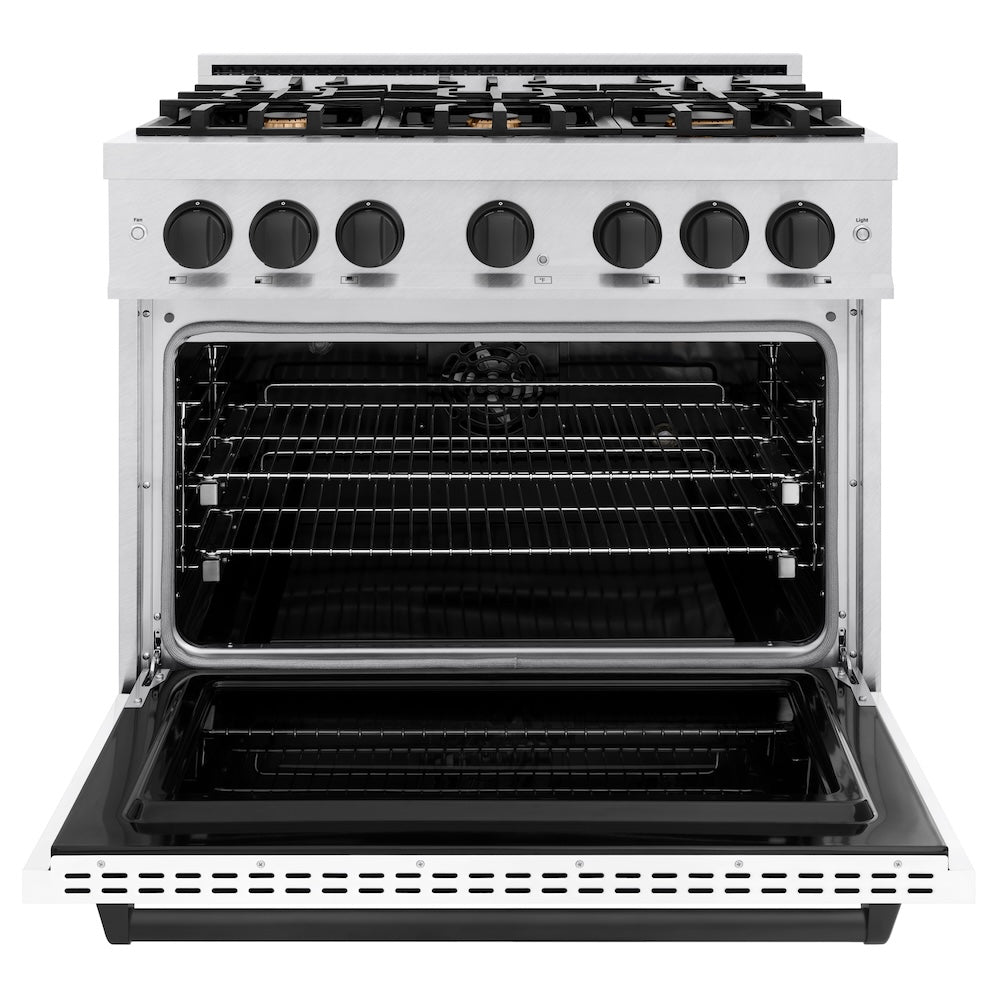 ZLINE Autograph Edition 36 in. 5.2 cu. ft. Classic Dual Fuel Range with 6 Burner Gas Cooktop and Electric Convection Oven in Satin Stainless Steel with White Matte Door and Matte Black Accents, Open Box-Good Condition