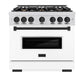 ZLINE Autograph Edition 36 in. 5.2 cu. ft. Classic Dual Fuel Range with 6 Burner Gas Cooktop and Electric Convection Oven in Satin Stainless Steel with White Matte Door and Matte Black Accents (CDRSZ-WM-36-MB) front.