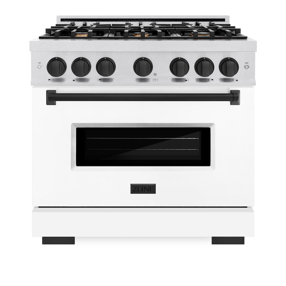 ZLINE Autograph Edition 36 in. 5.2 cu. ft. Classic Dual Fuel Range with 6 Burner Gas Cooktop and Electric Convection Oven in Satin Stainless Steel with White Matte Door and Matte Black Accents, Open Box-Good Condition