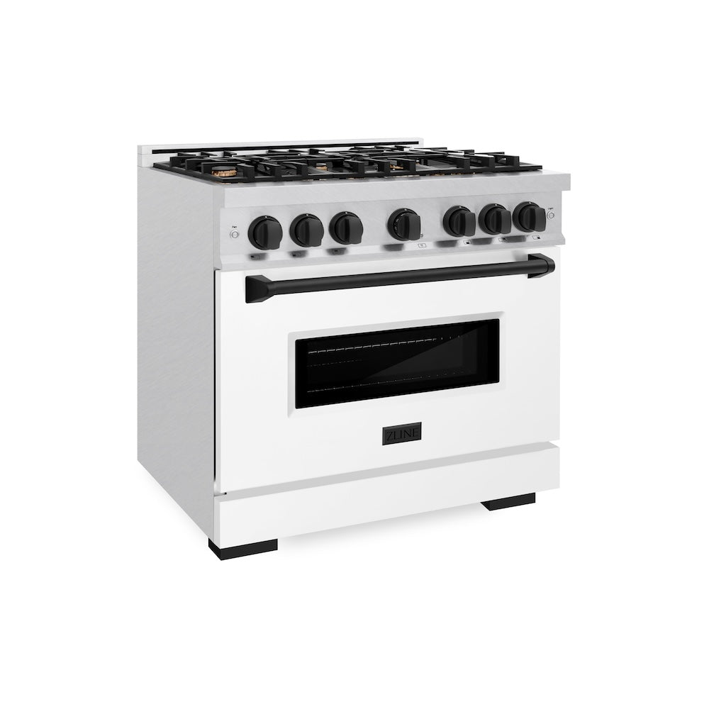 ZLINE Autograph Edition 36 in. 5.2 cu. ft. Classic Dual Fuel Range with 6 Burner Gas Cooktop and Electric Convection Oven in Satin Stainless Steel with White Matte Door and Matte Black Accents (CDRSZ-WM-36-MB)