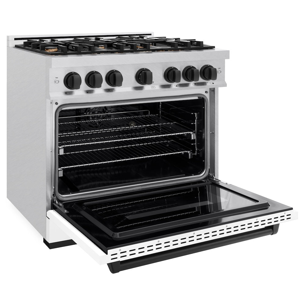 ZLINE Autograph Edition 36 in. 5.2 cu. ft. Classic Dual Fuel Range with 6 Burner Gas Cooktop and Electric Convection Oven in Satin Stainless Steel with White Matte Door and Matte Black Accents (CDRSZ-WM-36-MB) side, open.