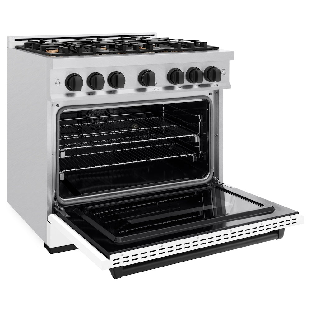 ZLINE Autograph Edition 36 in. 5.2 cu. ft. Classic Dual Fuel Range with 6 Burner Gas Cooktop and Electric Convection Oven in Satin Stainless Steel with White Matte Door and Matte Black Accents, Open Box-Good Condition