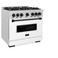 ZLINE Autograph Edition 36 in. 5.2 cu. ft. Classic Dual Fuel Range with 6 Burner Gas Cooktop and Electric Convection Oven in Satin Stainless Steel with White Matte Door and Matte Black Accents (CDRSZ-WM-36-MB) side.
