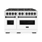 ZLINE Autograph Edition 48 in. 6.7 cu. ft. Classic Double Oven Dual Fuel Range with 8 Burner Gas Cooktop in Satin Stainless Steel with White Matte Doors and Matte Black Accents (CDRSZ-WM-48-MB) front.