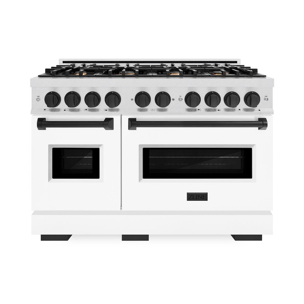 ZLINE Autograph Edition 48 in. 6.7 cu. ft. Classic Double Oven Dual Fuel Range with 8 Burner Gas Cooktop in Satin Stainless Steel with White Matte Doors and Matte Black Accents (CDRSZ-WM-48-MB) front.