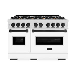ZLINE Autograph Edition 48 in. 6.7 cu. ft. Classic Double Oven Dual Fuel Range with 8 Burner Gas Cooktop in Satin Stainless Steel with White Matte Doors and Matte Black Accents (CDRSZ-WM-48-MB) front.