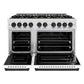 ZLINE Autograph Edition 48 in. 6.7 cu. ft. Classic Double Oven Dual Fuel Range with 8 Burner Gas Cooktop in Satin Stainless Steel with White Matte Doors and Matte Black Accents (CDRSZ-WM-48-MB) front, oven open.