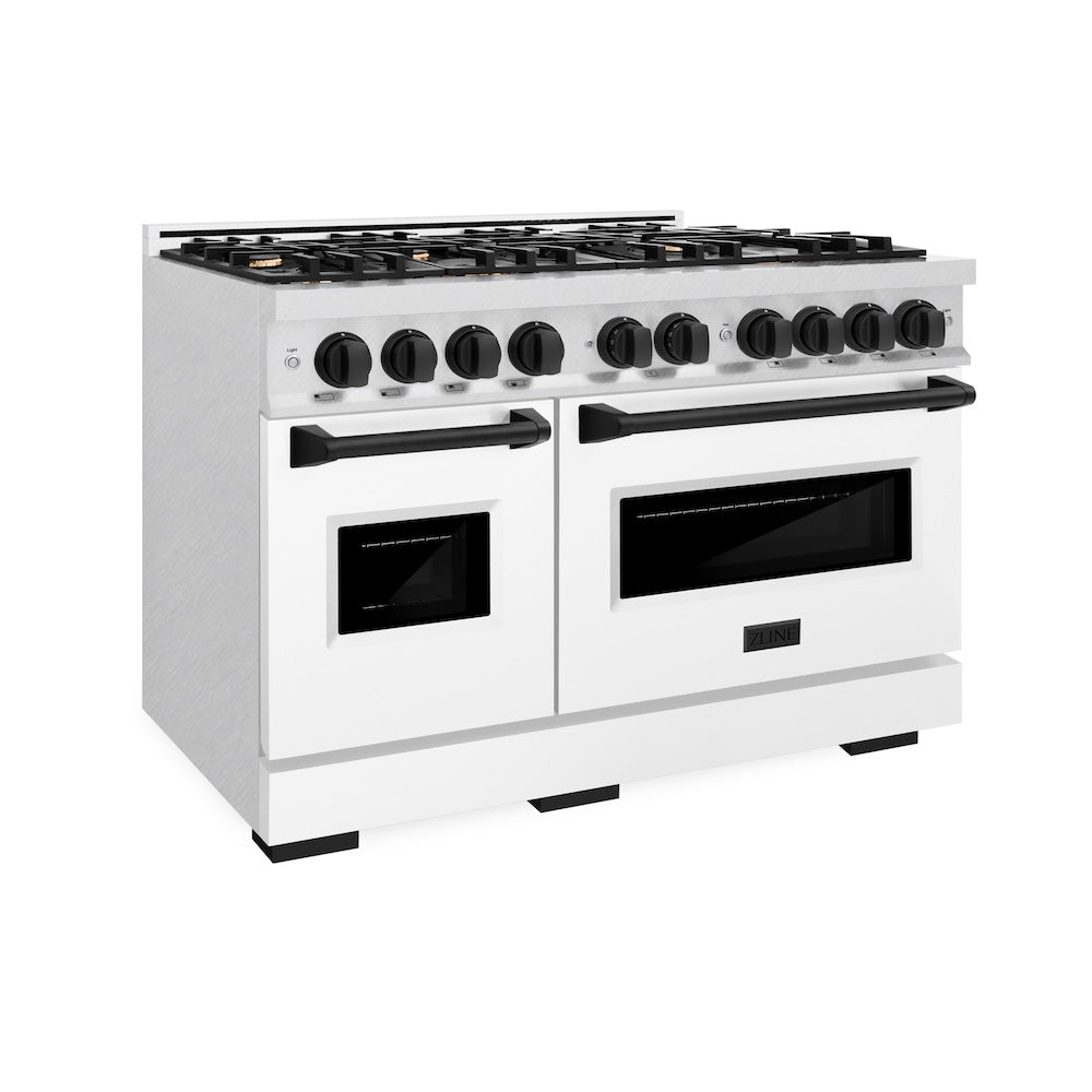 ZLINE Autograph Edition 48 in. 6.7 cu. ft. Classic Double Oven Dual Fuel Range with 8 Burner Gas Cooktop in Satin Stainless Steel with White Matte Doors and Matte Black Accents (CDRSZ-WM-48-MB)