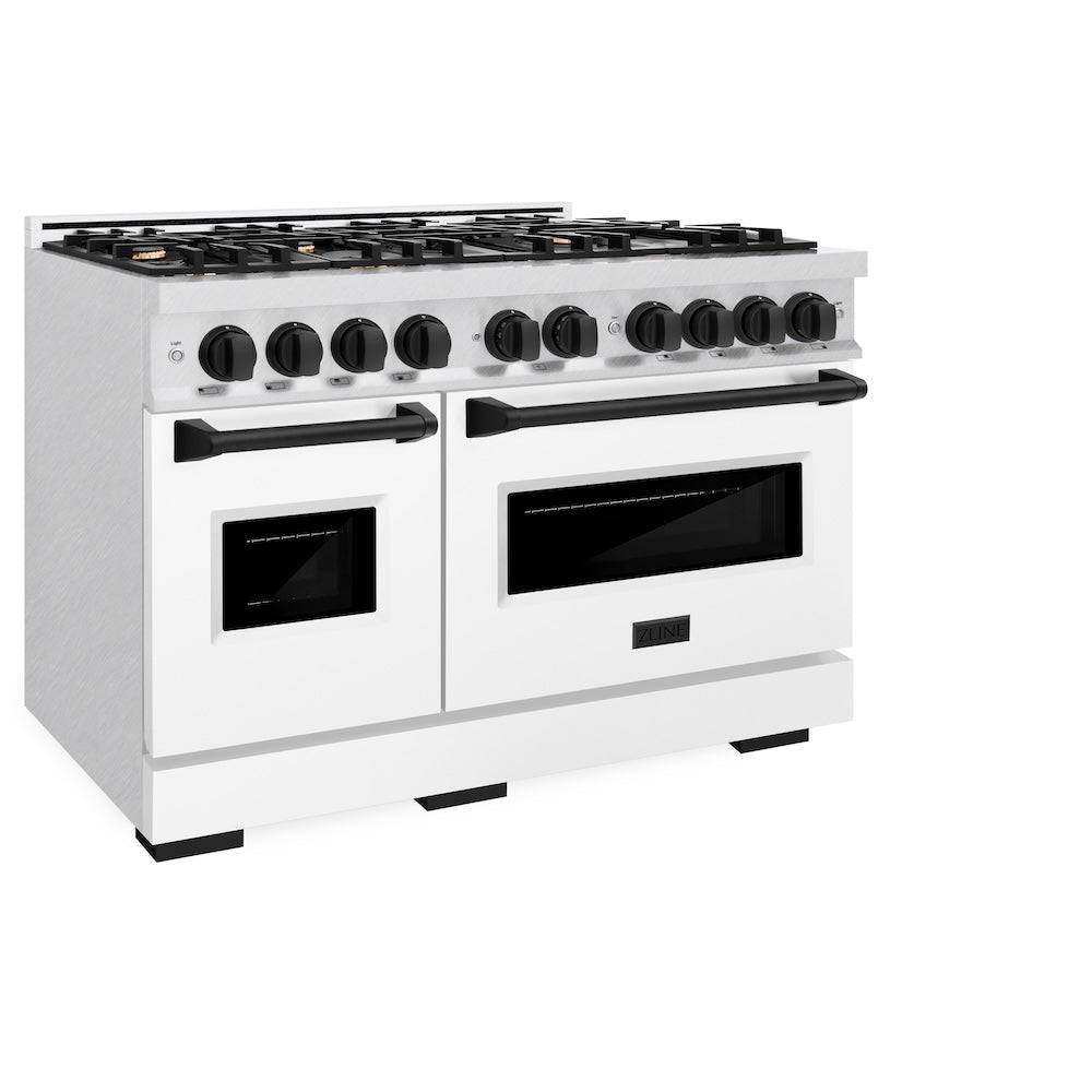 ZLINE Autograph Edition 48 in. 6.7 cu. ft. Classic Double Oven Dual Fuel Range with 8 Burner Gas Cooktop in Satin Stainless Steel with White Matte Doors and Matte Black Accents, Open Box-Great Condition