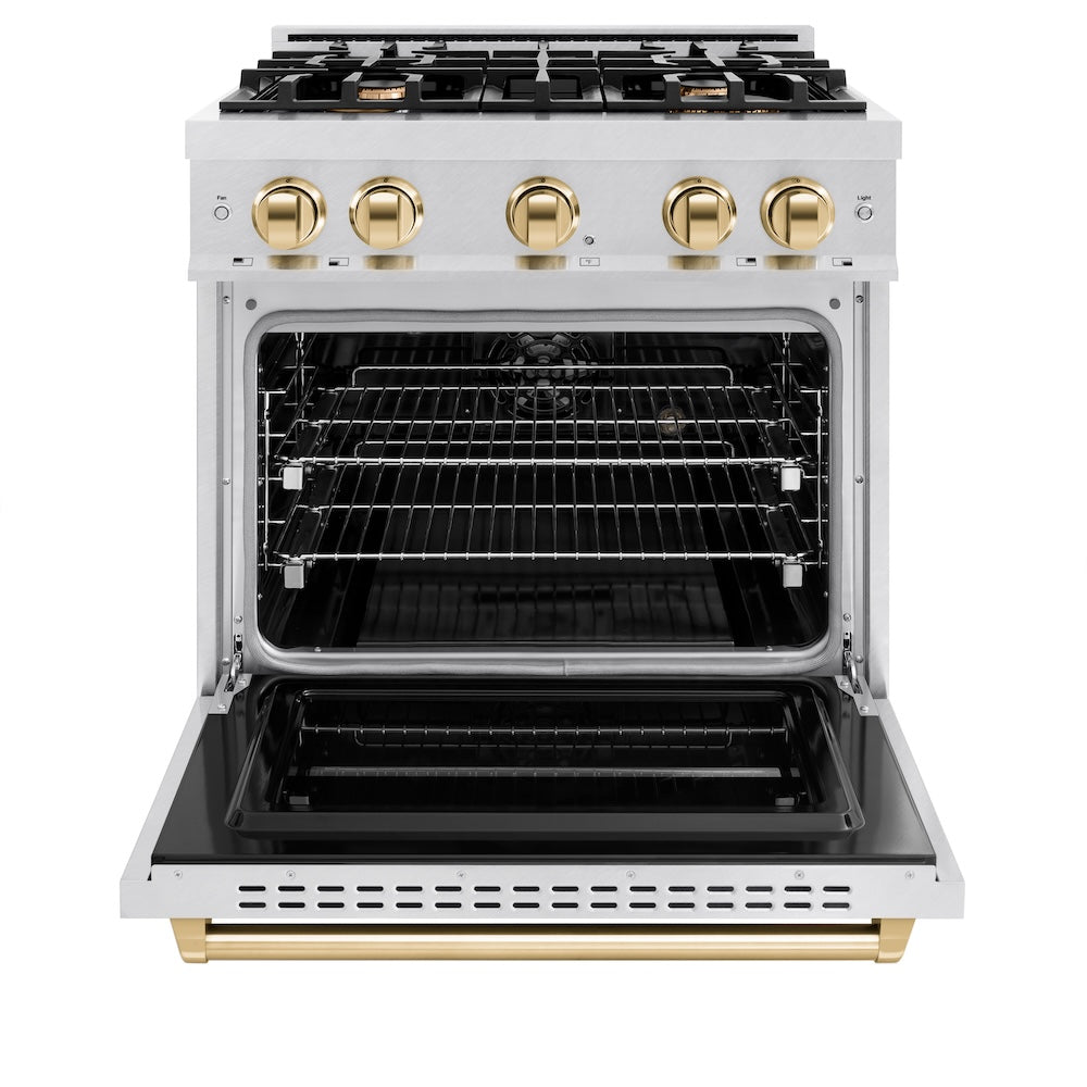 ZLINE Autograph Edition 30 in. 4.2 cu. ft. Classic Dual Fuel Range with 4 Burner Gas Cooktop and Electric Convection Oven in Satin Stainless Steel with Polished Gold Accents, Open Box-Good Condition