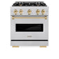 ZLINE Autograph Edition 30 in. 4.2 cu. ft. Classic Dual Fuel Range with 4 Burner Gas Cooktop and Electric Convection Oven in Satin Stainless Steel with Polished Gold Accents (CDRSZ-30-G) front.