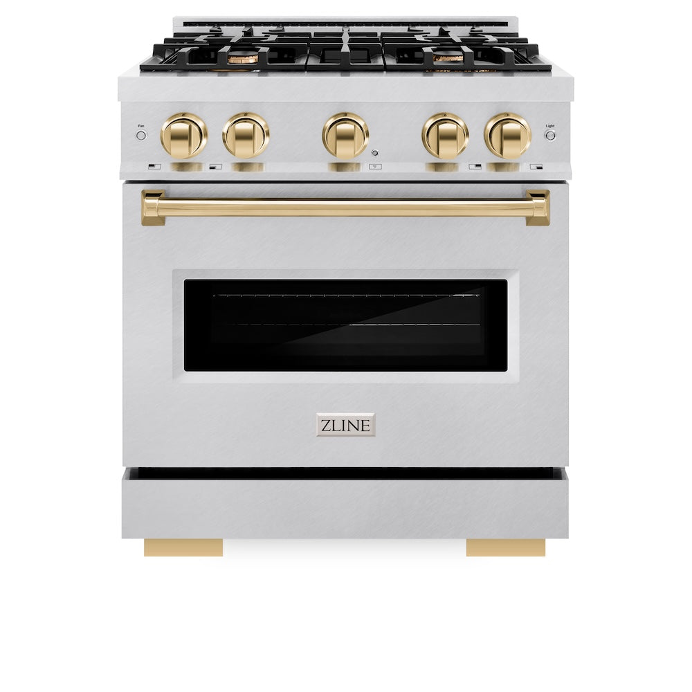 ZLINE Autograph Edition 30 in. 4.2 cu. ft. Classic Dual Fuel Range with 4 Burner Gas Cooktop and Electric Convection Oven in Satin Stainless Steel with Polished Gold Accents, Open Box-Good Condition