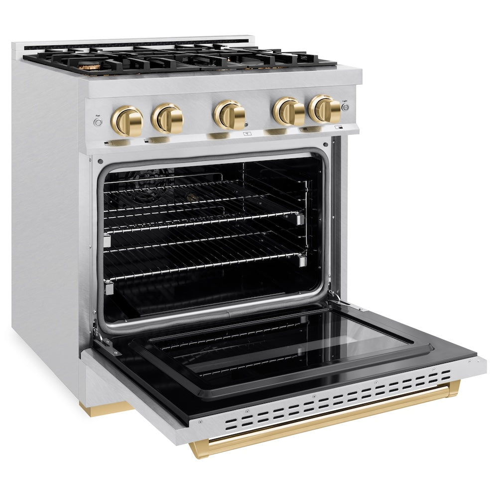 ZLINE Autograph Edition 30 in. 4.2 cu. ft. Classic Dual Fuel Range with 4 Burner Gas Cooktop and Electric Convection Oven in Satin Stainless Steel with Polished Gold Accents (CDRSZ-30-G) side, open.