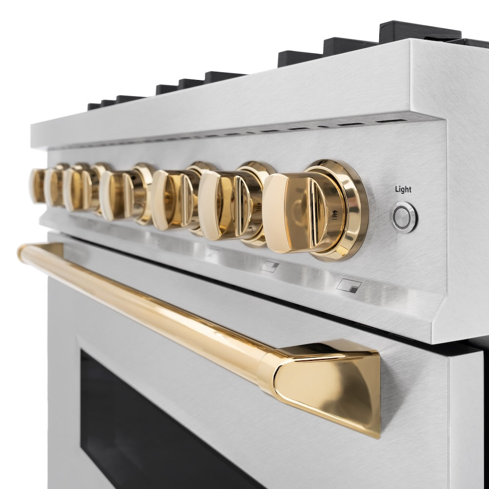 ZLINE Autograph Edition 36 in. 5.2 cu. ft. Classic Dual Fuel Range with 6 Burner Gas Cooktop and Electric Convection Oven in Satin Stainless Steel with Polished Gold Accents, Open Box-Great Condition