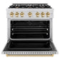 ZLINE Autograph Edition 36 in. 5.2 cu. ft. Classic Dual Fuel Range with 6 Burner Gas Cooktop and Electric Convection Oven in Satin Stainless Steel with Polished Gold Accents (CDRSZ-36-G) front, oven open.
