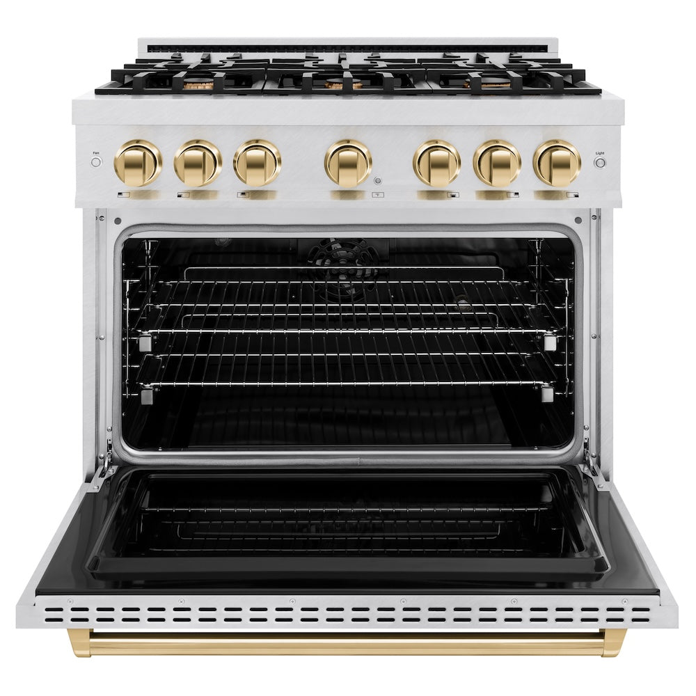 ZLINE Autograph Edition 36 in. 5.2 cu. ft. Classic Dual Fuel Range with 6 Burner Gas Cooktop and Electric Convection Oven in Satin Stainless Steel with Polished Gold Accents, Open Box-Great Condition