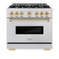 ZLINE Autograph Edition 36 in. 5.2 cu. ft. Classic Dual Fuel Range with 6 Burner Gas Cooktop and Electric Convection Oven in Satin Stainless Steel with Polished Gold Accents (CDRSZ-36-G) front.