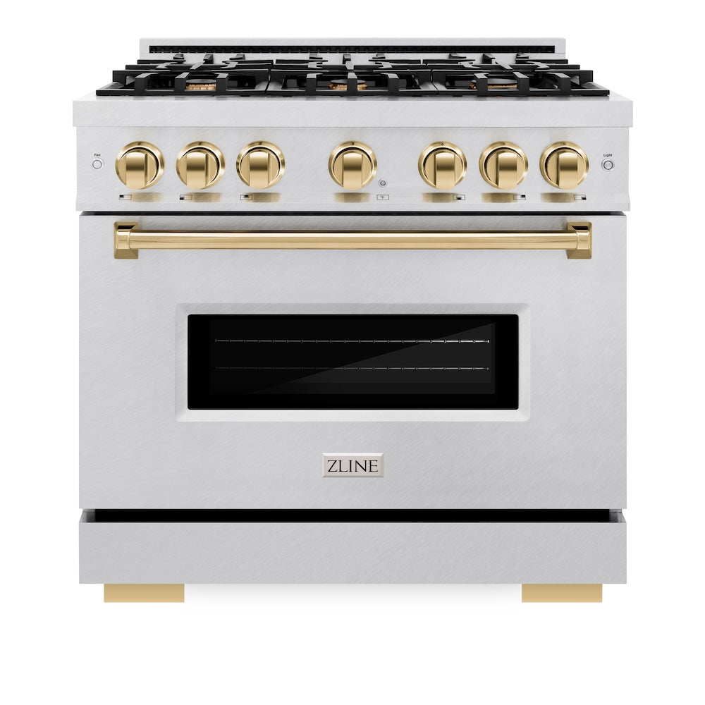 ZLINE Autograph Edition 36 in. 5.2 cu. ft. Classic Dual Fuel Range with 6 Burner Gas Cooktop and Electric Convection Oven in Satin Stainless Steel with Polished Gold Accents (CDRSZ-36-G) front.