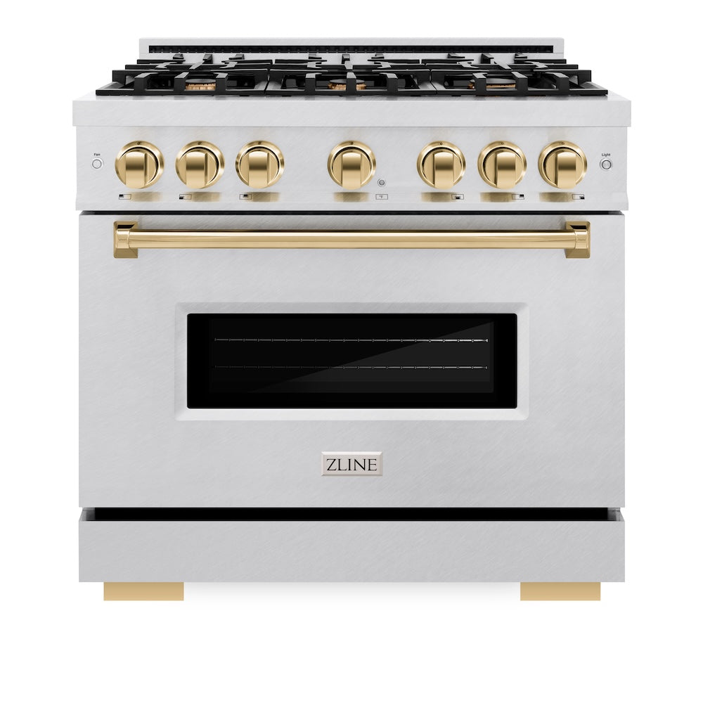 ZLINE Autograph Edition 36 in. 5.2 cu. ft. Classic Dual Fuel Range with 6 Burner Gas Cooktop and Electric Convection Oven in Satin Stainless Steel with Polished Gold Accents, Open Box-Great Condition