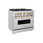 ZLINE Autograph Edition 36 in. 5.2 cu. ft. Classic Dual Fuel Range with 6 Burner Gas Cooktop and Electric Convection Oven in Satin Stainless Steel with Polished Gold Accents, Open Box-Great Condition