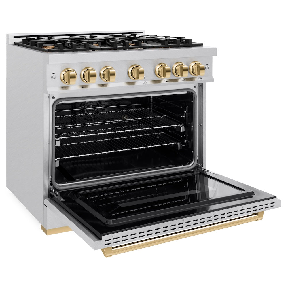 ZLINE Autograph Edition 36 in. 5.2 cu. ft. Classic Dual Fuel Range with 6 Burner Gas Cooktop and Electric Convection Oven in Satin Stainless Steel with Polished Gold Accents, Open Box-Great Condition