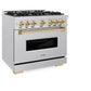 ZLINE Autograph Edition 36 in. 5.2 cu. ft. Classic Dual Fuel Range with 6 Burner Gas Cooktop and Electric Convection Oven in Satin Stainless Steel with Polished Gold Accents, Open Box-Great Condition