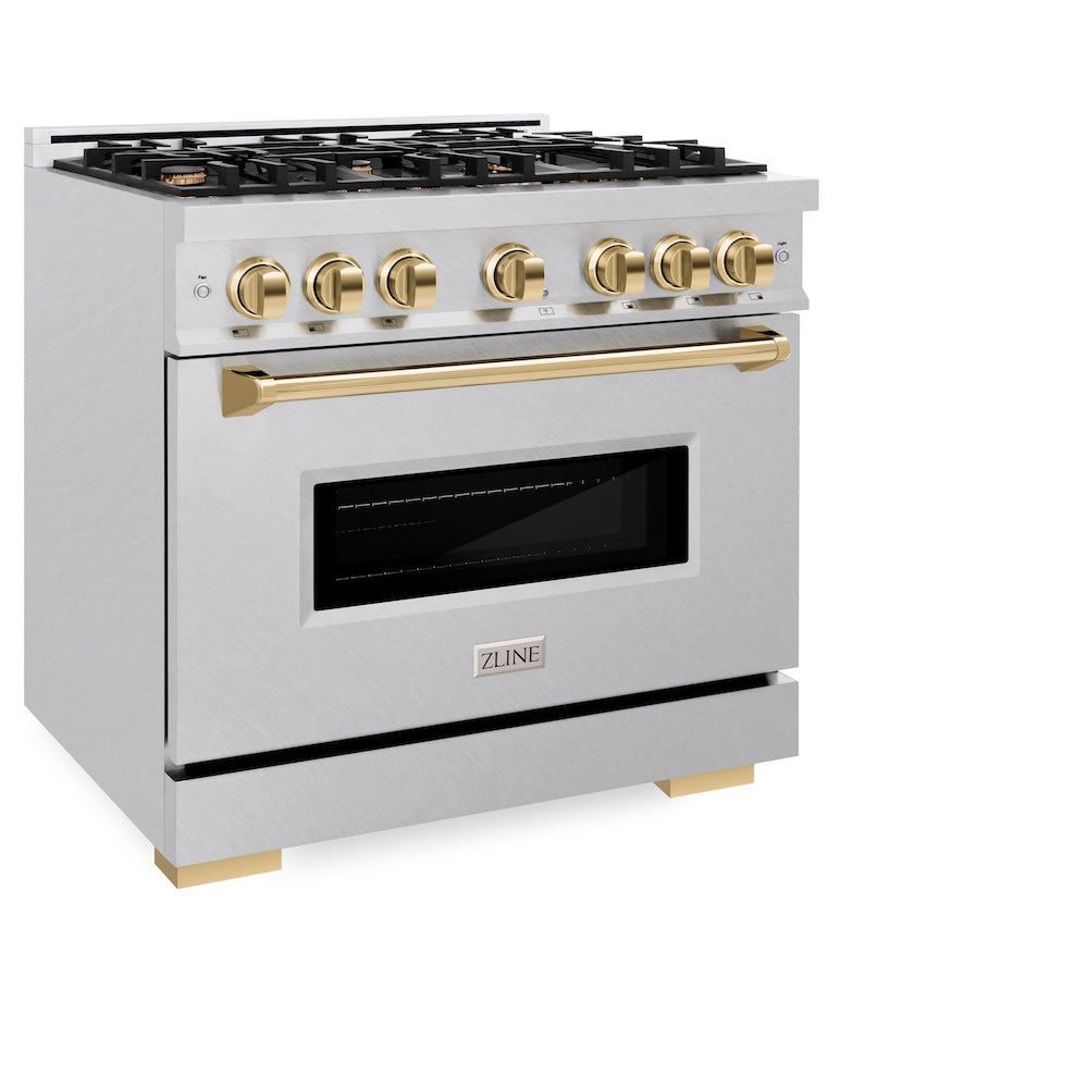 ZLINE Autograph Edition 36 in. 5.2 cu. ft. Classic Dual Fuel Range with 6 Burner Gas Cooktop and Electric Convection Oven in Satin Stainless Steel with Polished Gold Accents, Open Box-Great Condition
