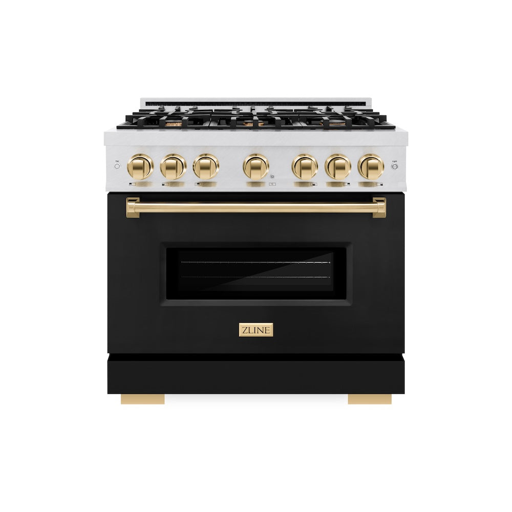 ZLINE Autograph Edition 36 in. 5.2 cu. ft. Classic Dual Fuel Range with 6 Burner Gas Cooktop and Electric Convection Oven in Satin Stainless Steel with Black Matte Door and Polished Gold Accents, Open Box-Great Condition