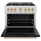 ZLINE Autograph Edition 36 in. 5.2 cu. ft. Classic Dual Fuel Range with 6 Burner Gas Cooktop and Electric Convection Oven in Satin Stainless Steel with Black Matte Door and Polished Gold Accents, Open Box-Great Condition