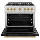 ZLINE Autograph Edition 36 in. 5.2 cu. ft. Classic Dual Fuel Range with 6 Burner Gas Cooktop and Electric Convection Oven in Satin Stainless Steel with Black Matte Door and Polished Gold Accents, Open Box-Good Condition
