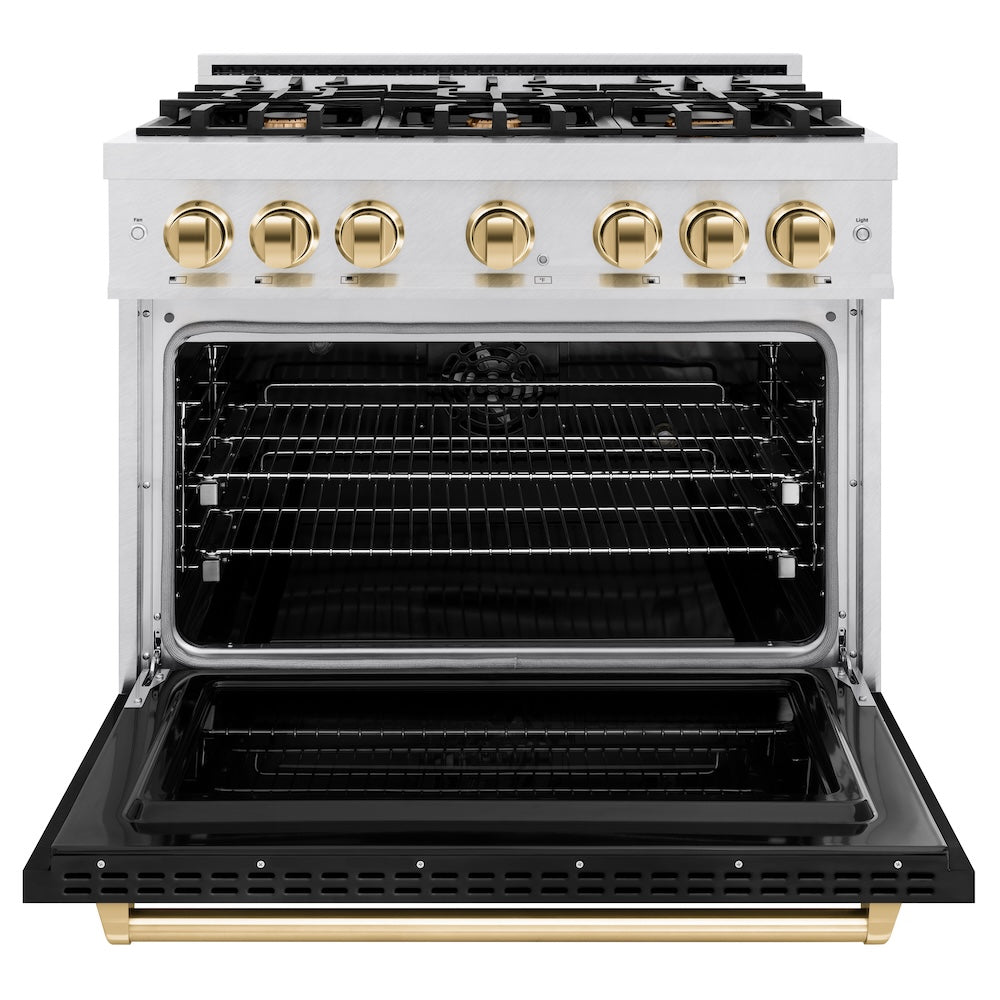 ZLINE Autograph Edition 36 in. 5.2 cu. ft. Classic Dual Fuel Range with 6 Burner Gas Cooktop and Electric Convection Oven in Satin Stainless Steel with Black Matte Door and Polished Gold Accents, Open Box-Good Condition