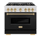 ZLINE Autograph Edition 36 in. 5.2 cu. ft. Classic Dual Fuel Range with 6 Burner Gas Cooktop and Electric Convection Oven in Satin Stainless Steel with Black Matte Door and Polished Gold Accents (CDRSZ-BLM-36-G) front.