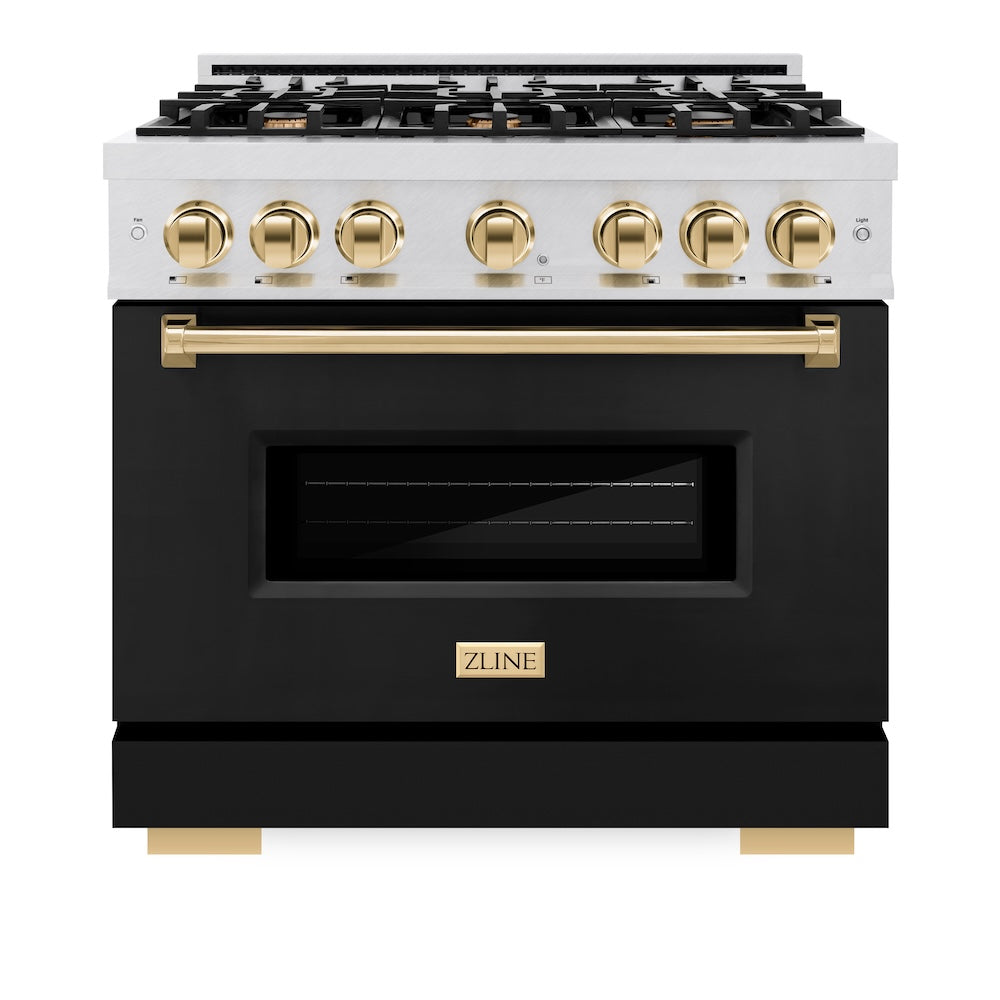 ZLINE Autograph Edition 36 in. 5.2 cu. ft. Classic Dual Fuel Range with 6 Burner Gas Cooktop and Electric Convection Oven in Satin Stainless Steel with Black Matte Door and Polished Gold Accents, Open Box-Good Condition