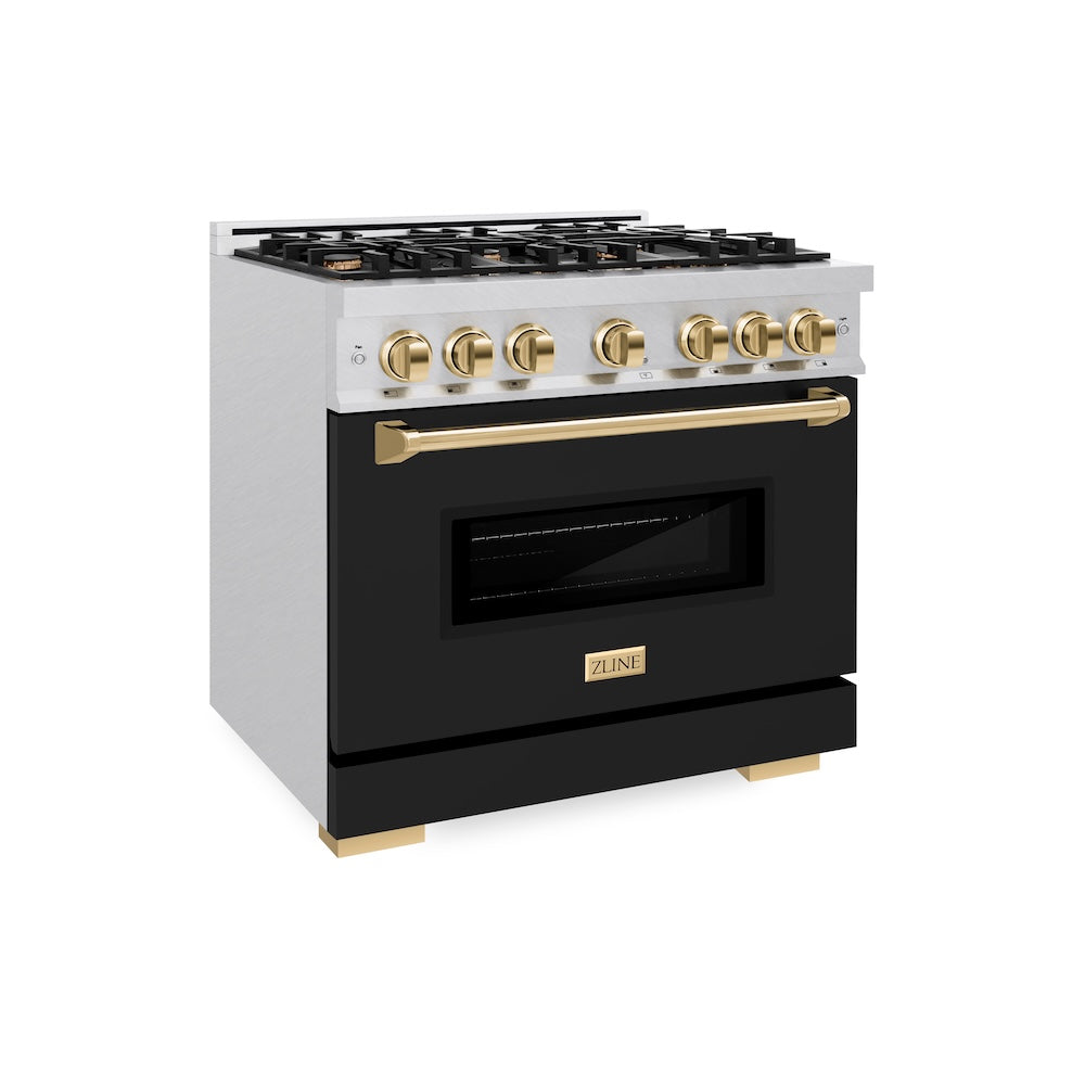 ZLINE Autograph Edition 36 in. 5.2 cu. ft. Classic Dual Fuel Range with 6 Burner Gas Cooktop and Electric Convection Oven in Satin Stainless Steel with Black Matte Door and Polished Gold Accents, Open Box-Good Condition