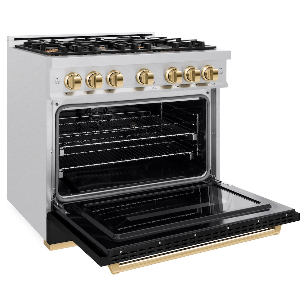 ZLINE Autograph Edition 36 in. 5.2 cu. ft. Classic Dual Fuel Range with 6 Burner Gas Cooktop and Electric Convection Oven in Satin Stainless Steel with Black Matte Door and Polished Gold Accents, Open Box-Good Condition