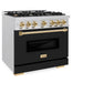 ZLINE Autograph Edition 36 in. 5.2 cu. ft. Classic Dual Fuel Range with 6 Burner Gas Cooktop and Electric Convection Oven in Satin Stainless Steel with Black Matte Door and Polished Gold Accents (CDRSZ-BLM-36-G) side.