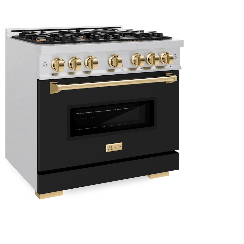 ZLINE Autograph Edition 36 in. 5.2 cu. ft. Classic Dual Fuel Range with 6 Burner Gas Cooktop and Electric Convection Oven in Satin Stainless Steel with Black Matte Door and Polished Gold Accents (CDRSZ-BLM-36-G) side.