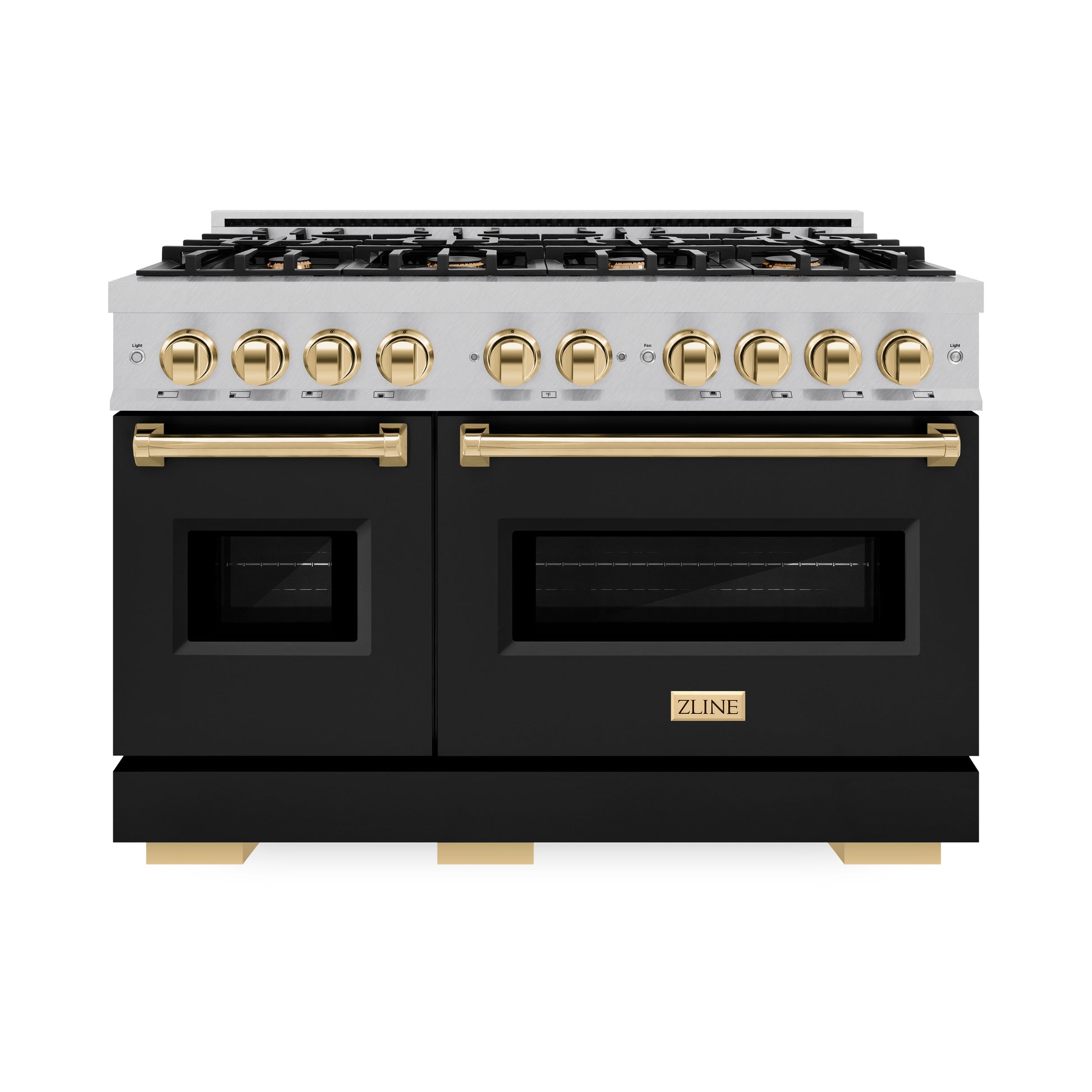 ZLINE Autograph Edition 48 in. 6.7 cu. ft. Classic Double Oven Dual Fuel Range with 8 Burner Gas Cooktop in Satin Stainless Steel with Black Matte Doors and Polished Gold Accents, Open Box-Great Condition