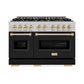 ZLINE Autograph Edition 48 in. 6.7 cu. ft. Classic Double Oven Dual Fuel Range with 8 Burner Gas Cooktop in Satin Stainless Steel with Black Matte Doors and Polished Gold Accents, Open Box-Good Condition
