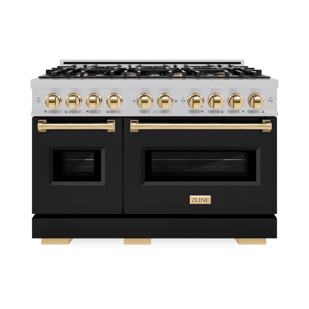 ZLINE Autograph Edition 48 in. 6.7 cu. ft. Classic Double Oven Dual Fuel Range with 8 Burner Gas Cooktop in Satin Stainless Steel with Black Matte Doors and Polished Gold Accents, Open Box-Good Condition