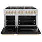ZLINE Autograph Edition 48 in. 6.7 cu. ft. Classic Double Oven Dual Fuel Range with 8 Burner Gas Cooktop in Satin Stainless Steel with Black Matte Doors and Polished Gold Accents (CDRSZ-BLM-48-G) front, oven open.