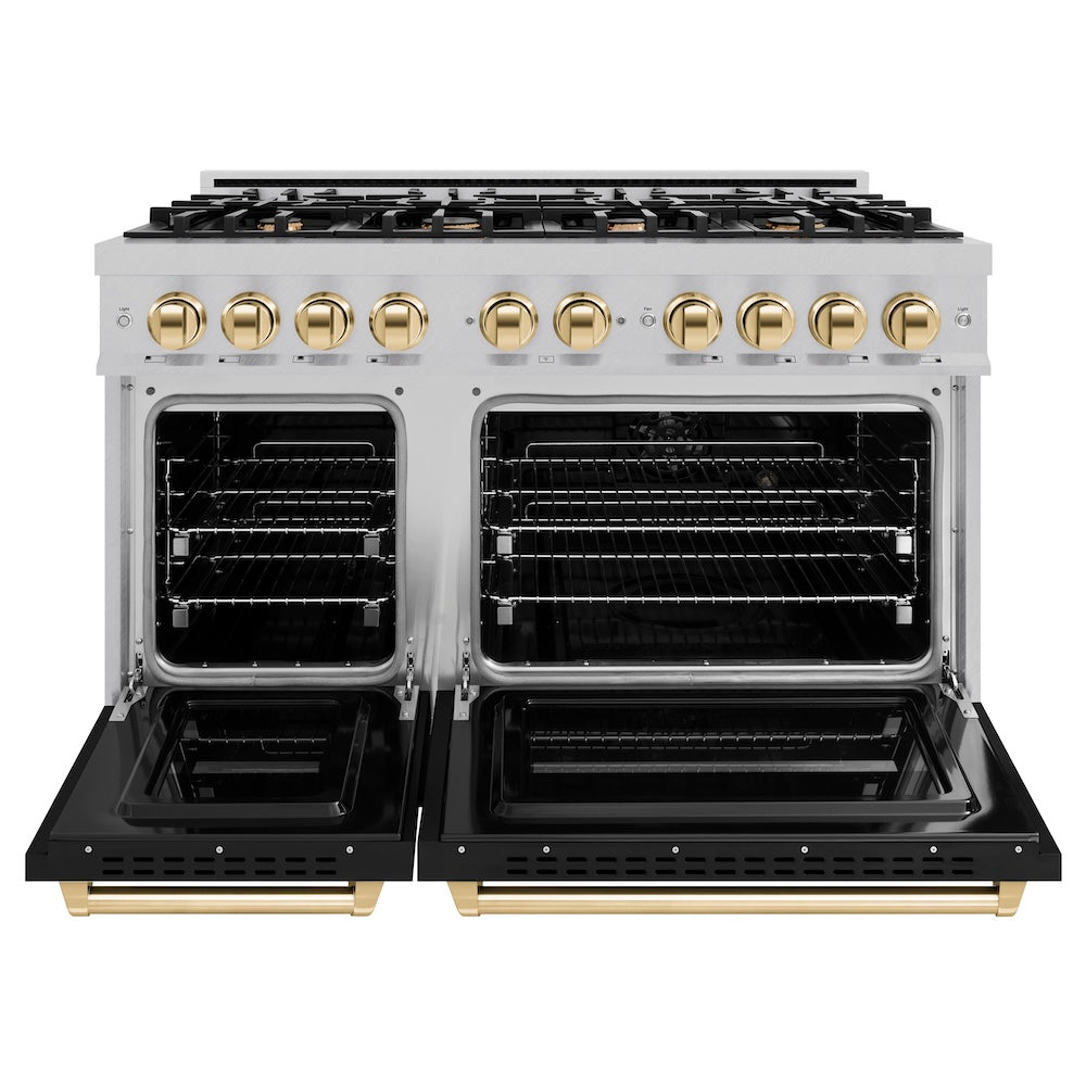ZLINE Autograph Edition 48 in. 6.7 cu. ft. Classic Double Oven Dual Fuel Range with 8 Burner Gas Cooktop in Satin Stainless Steel with Black Matte Doors and Polished Gold Accents, Open Box-Good Condition