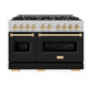 ZLINE Autograph Edition 48 in. 6.7 cu. ft. Classic Double Oven Dual Fuel Range with 8 Burner Gas Cooktop in Satin Stainless Steel with Black Matte Doors and Polished Gold Accents (CDRSZ-BLM-48-G) front.