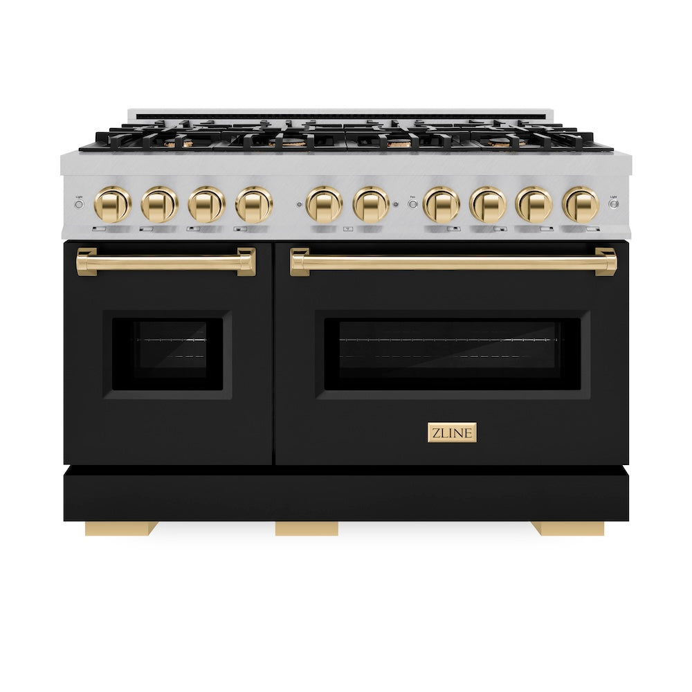 ZLINE Autograph Edition 48 in. 6.7 cu. ft. Classic Double Oven Dual Fuel Range with 8 Burner Gas Cooktop in Satin Stainless Steel with Black Matte Doors and Polished Gold Accents (CDRSZ-BLM-48-G) front.