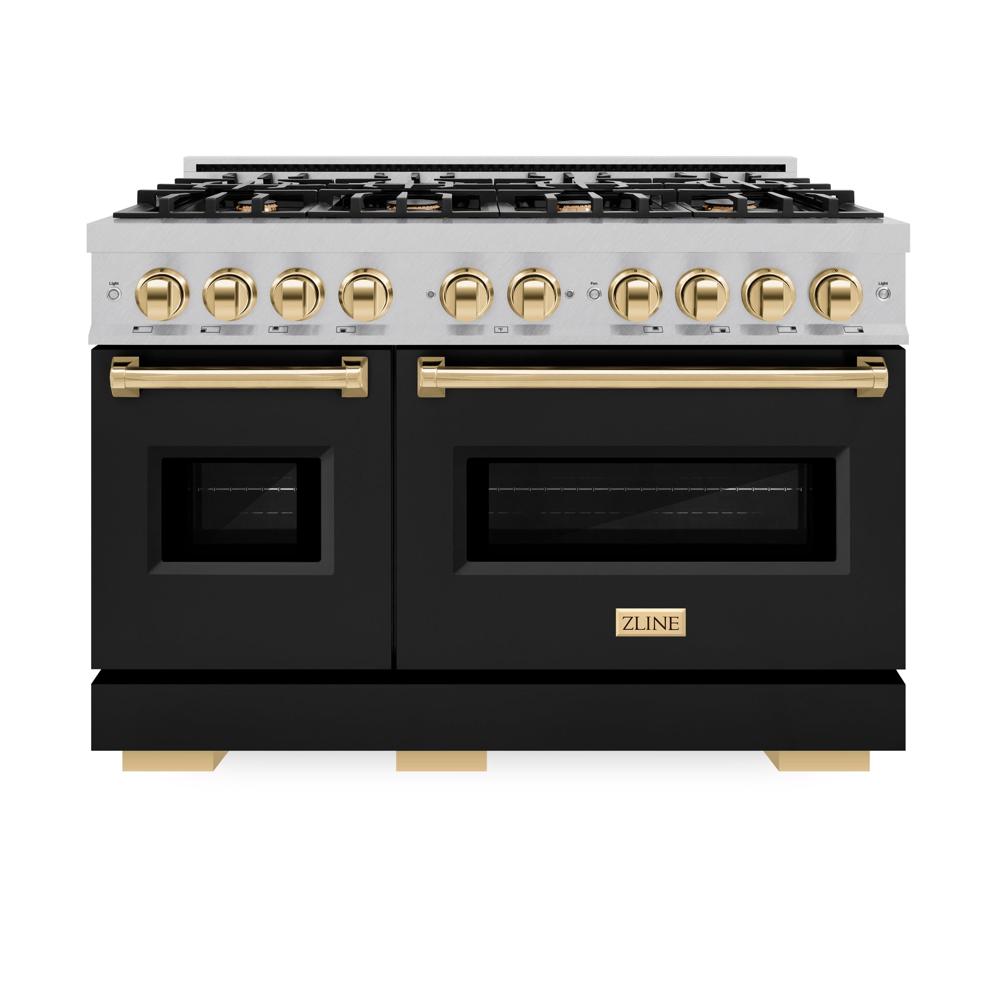 ZLINE Autograph Edition 48 in. 6.7 cu. ft. Classic Double Oven Dual Fuel Range with 8 Burner Gas Cooktop in Satin Stainless Steel with Black Matte Doors and Polished Gold Accents, Open Box-Great Condition